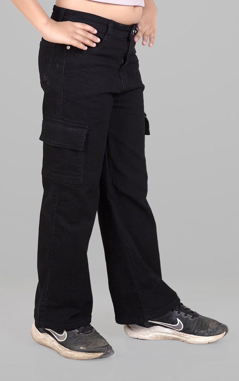 ADBUCKS Stretchable High Rise Cargo Style Straight Fit Jeans for Girls (Black,9-10 Years) - Image 2