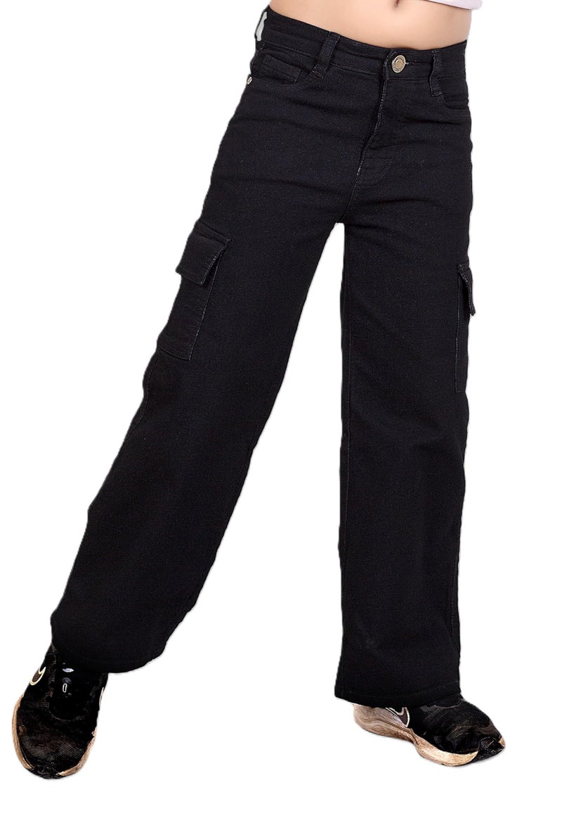 ADBUCKS Stretchable High Rise Cargo Style Straight Fit Jeans for Girls (Black,9-10 Years) - Image 1
