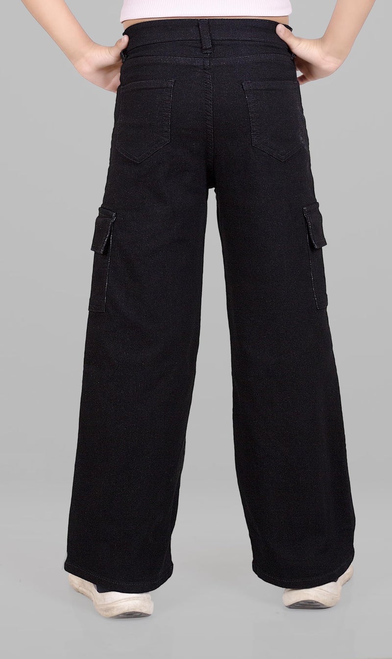 ADBUCKS Stretchable High Rise Cargo Style Straight Fit Jeans for Girls (Black,9-10 Years) - Image 3