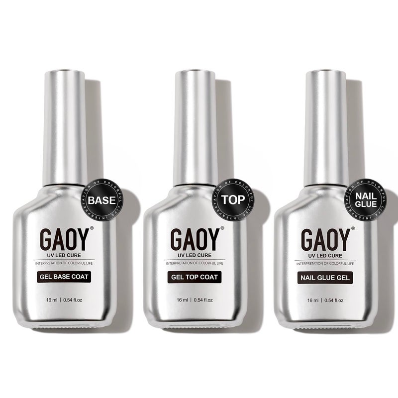 GAOY Gel Top Coat, Nail Glue Gel and Base Coat Set, 3 Pcs 16ml Clear Glossy No Wipe Combination for UV Light Cure - Image 1