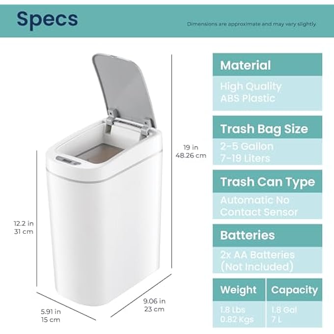 Ninestars AMZ72 Bathroom Automatic Infrared Motion Sensor Trash Can 18 Gal 7L ABS Plastic Trashcan Slim White - Image 5
