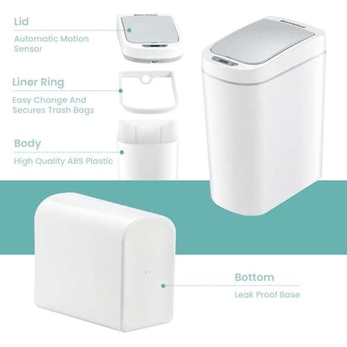 Ninestars AMZ72 Bathroom Automatic Infrared Motion Sensor Trash Can 18 Gal 7L ABS Plastic Trashcan Slim White - Image 4