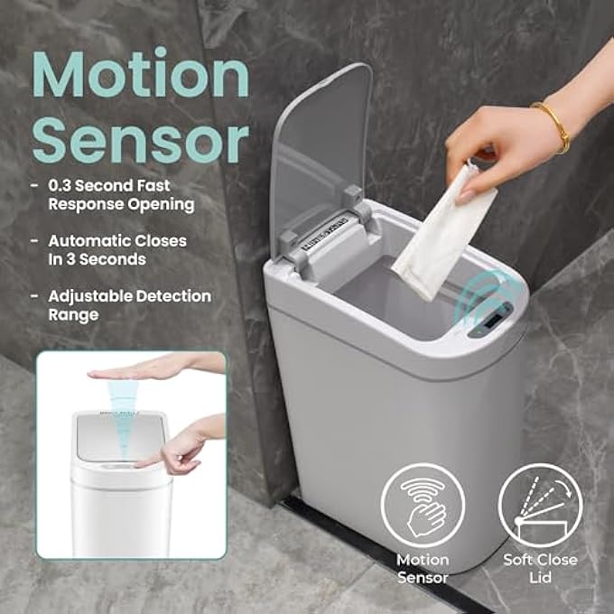 Ninestars AMZ72 Bathroom Automatic Infrared Motion Sensor Trash Can 18 Gal 7L ABS Plastic Trashcan Slim White - Image 3