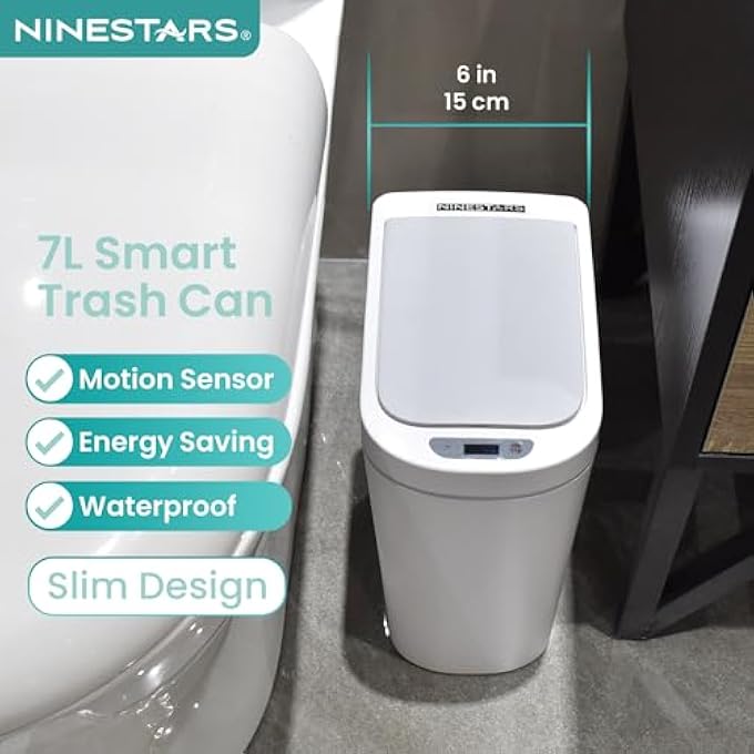 Ninestars AMZ72 Bathroom Automatic Infrared Motion Sensor Trash Can 18 Gal 7L ABS Plastic Trashcan Slim White - Image 2
