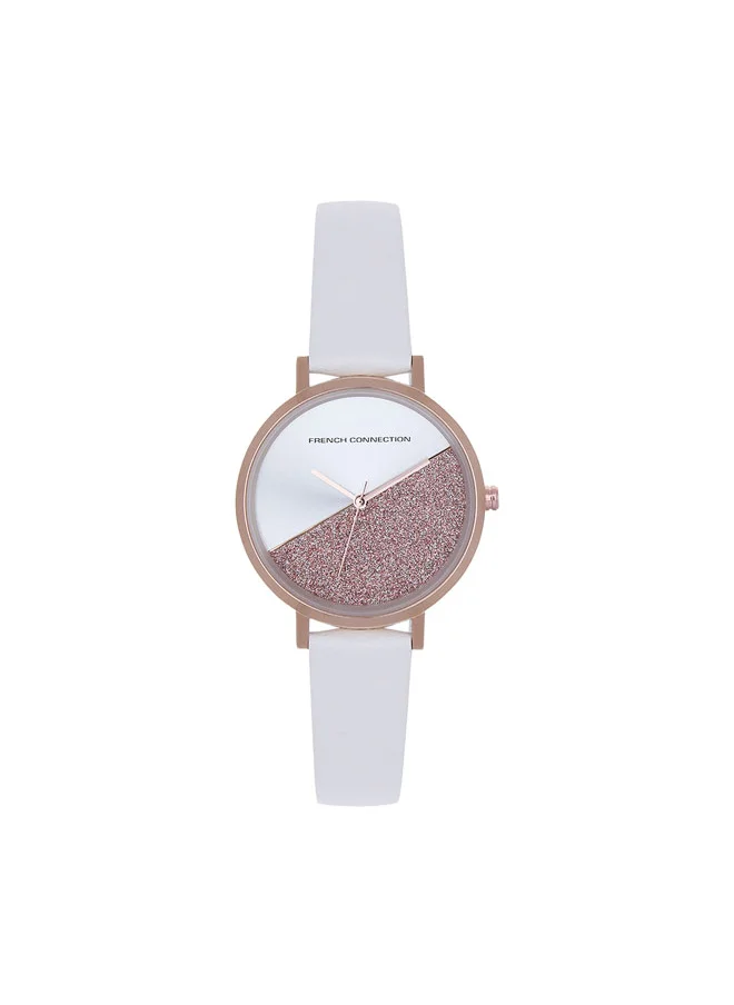 فرنش كونكشن Women's Analog Watch with White Leather Strap, Rose Gold Case