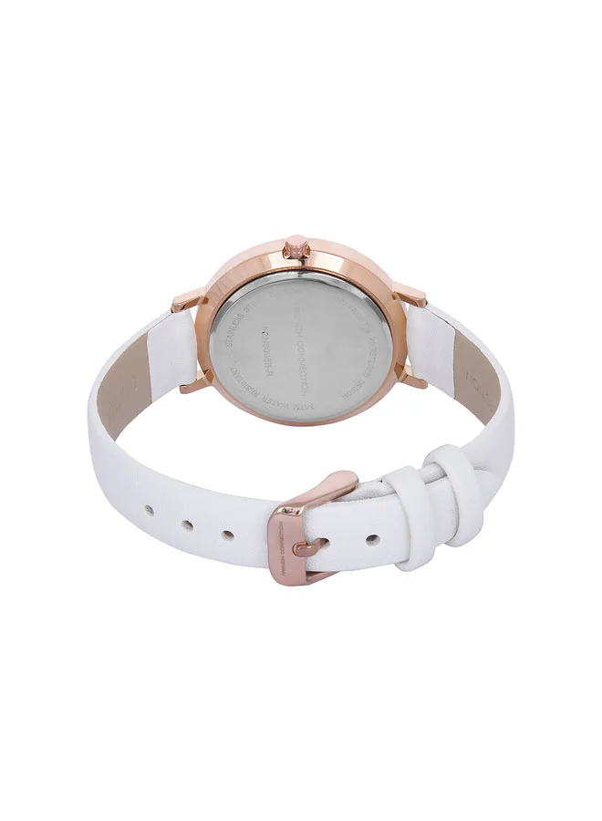 French Connection Women's Analog Watch with White Leather Strap, Rose Gold Case