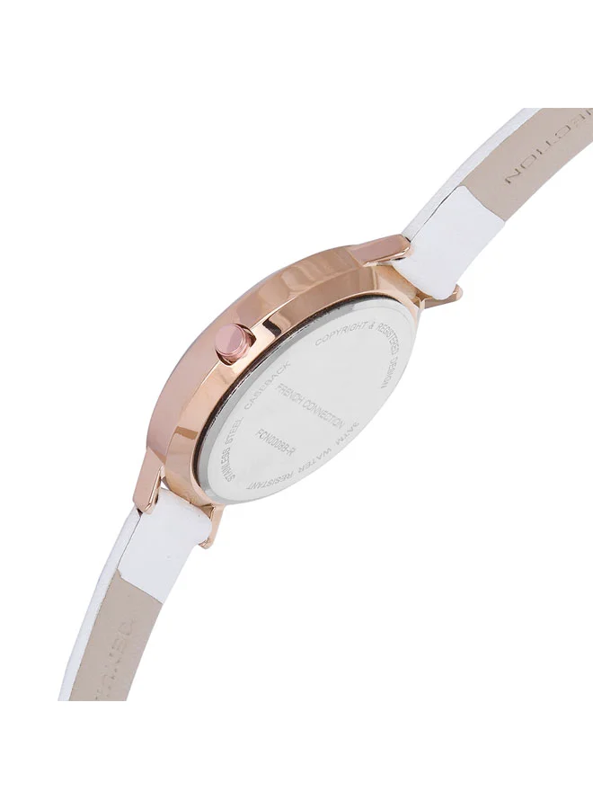 French Connection Women's Analog Watch with White Leather Strap, Rose Gold Case