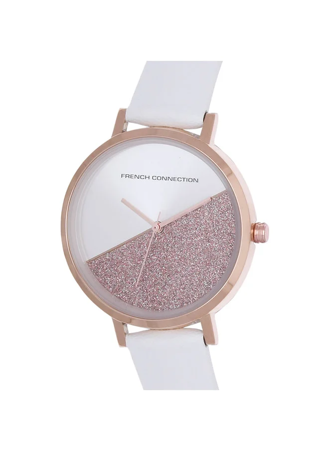 فرنش كونكشن Women's Analog Watch with White Leather Strap, Rose Gold Case