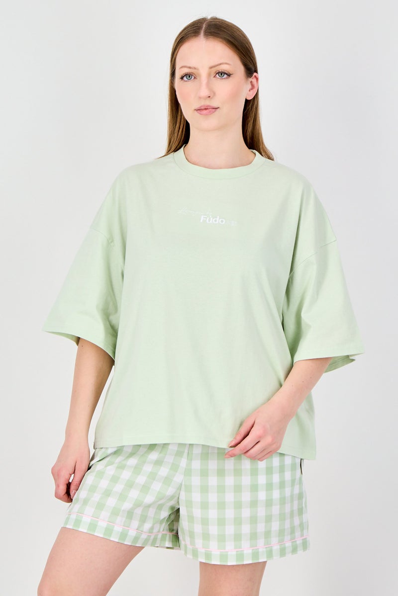 Fudo Lounge By Fudo Women 2 Pieces Embroidered Logo Pajama Top And Bottom Set, Mint Green - Image 1