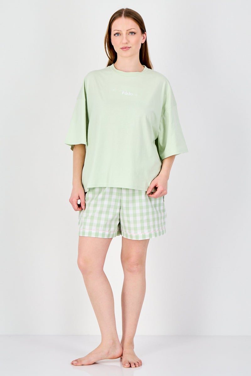 Fudo Lounge By Fudo Women 2 Pieces Embroidered Logo Pajama Top And Bottom Set, Mint Green - Image 3