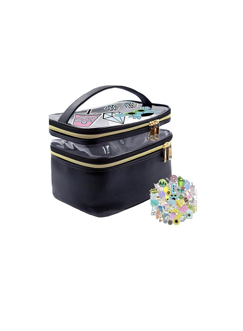 Excefore Cosmetic bag, Double Layer Travel Makeup Bags For Women, Waterproof Portable Cosmetic Cases Make up Organizer for Makeup, Cosmetics Tools, Shampoo, Toiletries, Black - Image 1