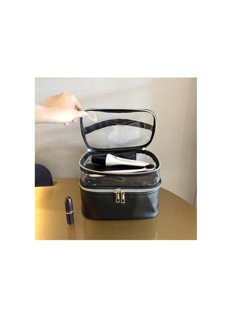 Excefore Cosmetic bag, Double Layer Travel Makeup Bags For Women, Waterproof Portable Cosmetic Cases Make up Organizer for Makeup, Cosmetics Tools, Shampoo, Toiletries, Black - Image 4