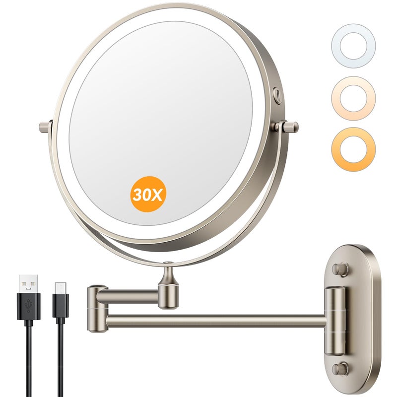 Auxmir 1X/30X Wall Mounted Lighted Makeup Mirror, 8" 3200 mAh Rechargeable Double-Sided Magnifying Mirror, Touch Dimmable 3 Color Lights, 360Â° Rotating Foldable 14.5" Extension Arm, Brushed Nickel - Image 1