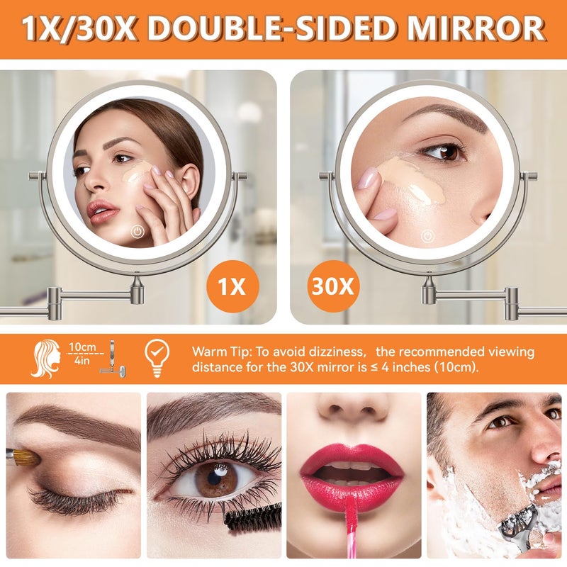 Auxmir 1X/30X Wall Mounted Lighted Makeup Mirror, 8" 3200 mAh Rechargeable Double-Sided Magnifying Mirror, Touch Dimmable 3 Color Lights, 360Â° Rotating Foldable 14.5" Extension Arm, Brushed Nickel - Image 2
