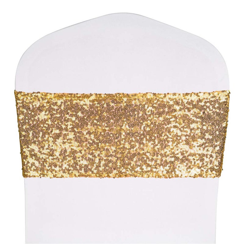 Desirable Life Pack of 50 Stretch Sequin Chair Sashes Chair Bands One-Sided Sequins Decor for Hotel Wedding Reception Party Event Chair Cover Decoration 4""x16"" - Light Gold - Image 1