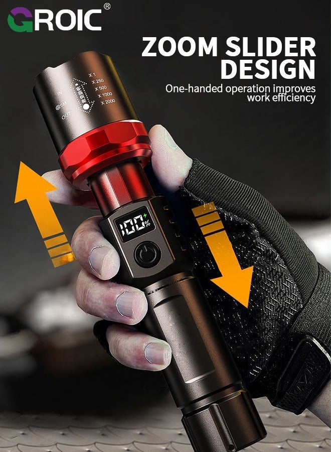 GROIC مصابيح يد عالية اللمعان، مصباح يدوي قابل لإعادة الشحن بقدرة 20000 لومن مع شاشة عرض رقمية للطاقة، مصباح تكتيكي مع إمكانية التكبير، 3 أوضاع للتخييم، الصيد، المشي، الطوارئ والأنشطة الخارجية - Image 3