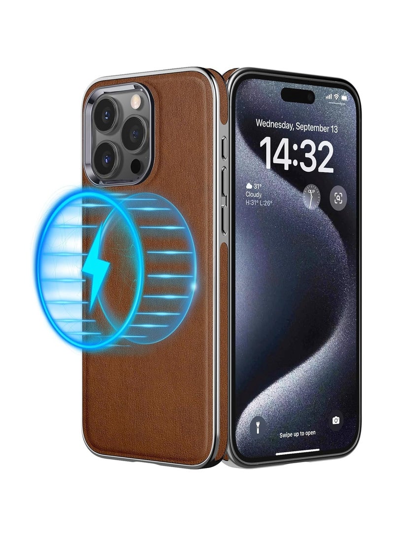 حافظة iPhone 15 Plus، متوافقة مع جلد Ma-g-s-afe الفاخر مع بطانة من الألياف الدقيقة وغطاء كلاسيكي للأعمال وقبضة ناعمة ومضادة للصدمات (بني، iPhone 15Plus) - Image 1