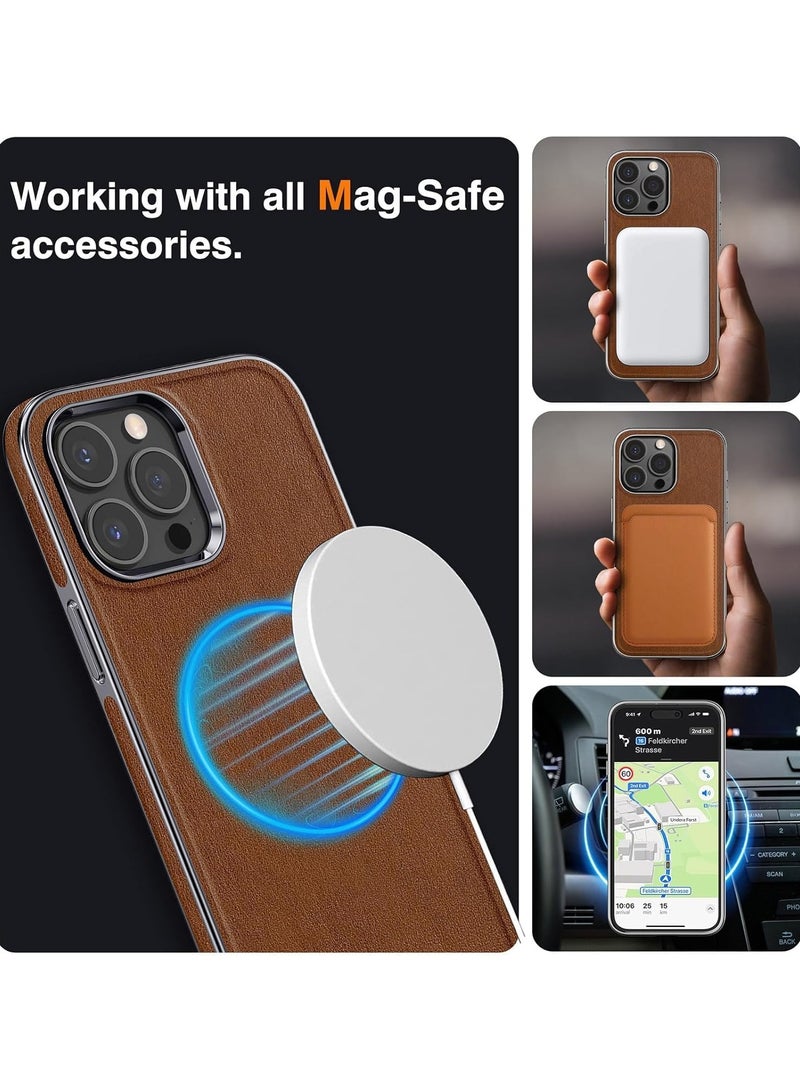 حافظة iPhone 15 Plus، متوافقة مع جلد Ma-g-s-afe الفاخر مع بطانة من الألياف الدقيقة وغطاء كلاسيكي للأعمال وقبضة ناعمة ومضادة للصدمات (بني، iPhone 15Plus) - Image 4