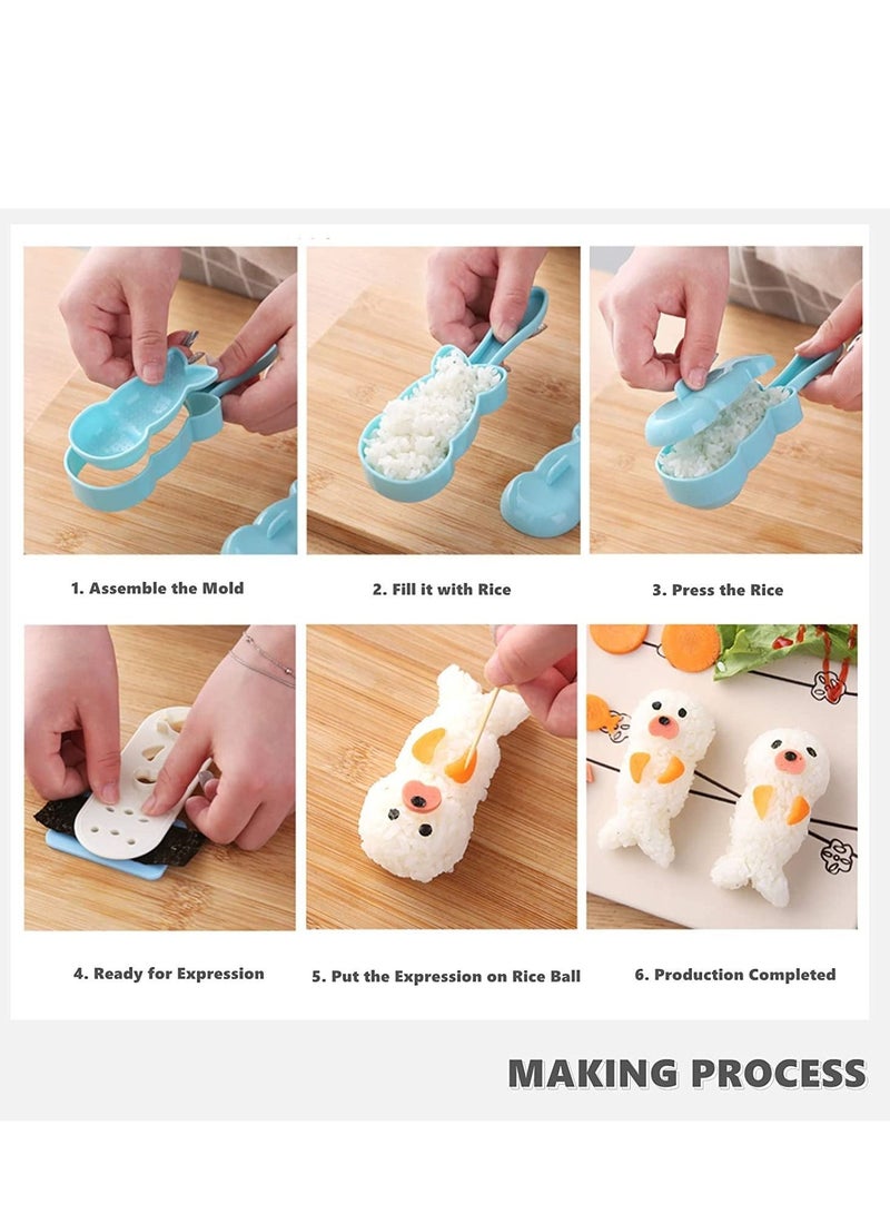 Rice Ball Mold, Cute Non-Stick Sushi Making Kit Cartoon Animal Seal Bento Maker Mould with Seaweed Nori Expression Cutter Box Accessories DIY Kitchen Picnic Tools for Baby Kids Meal - Image 3