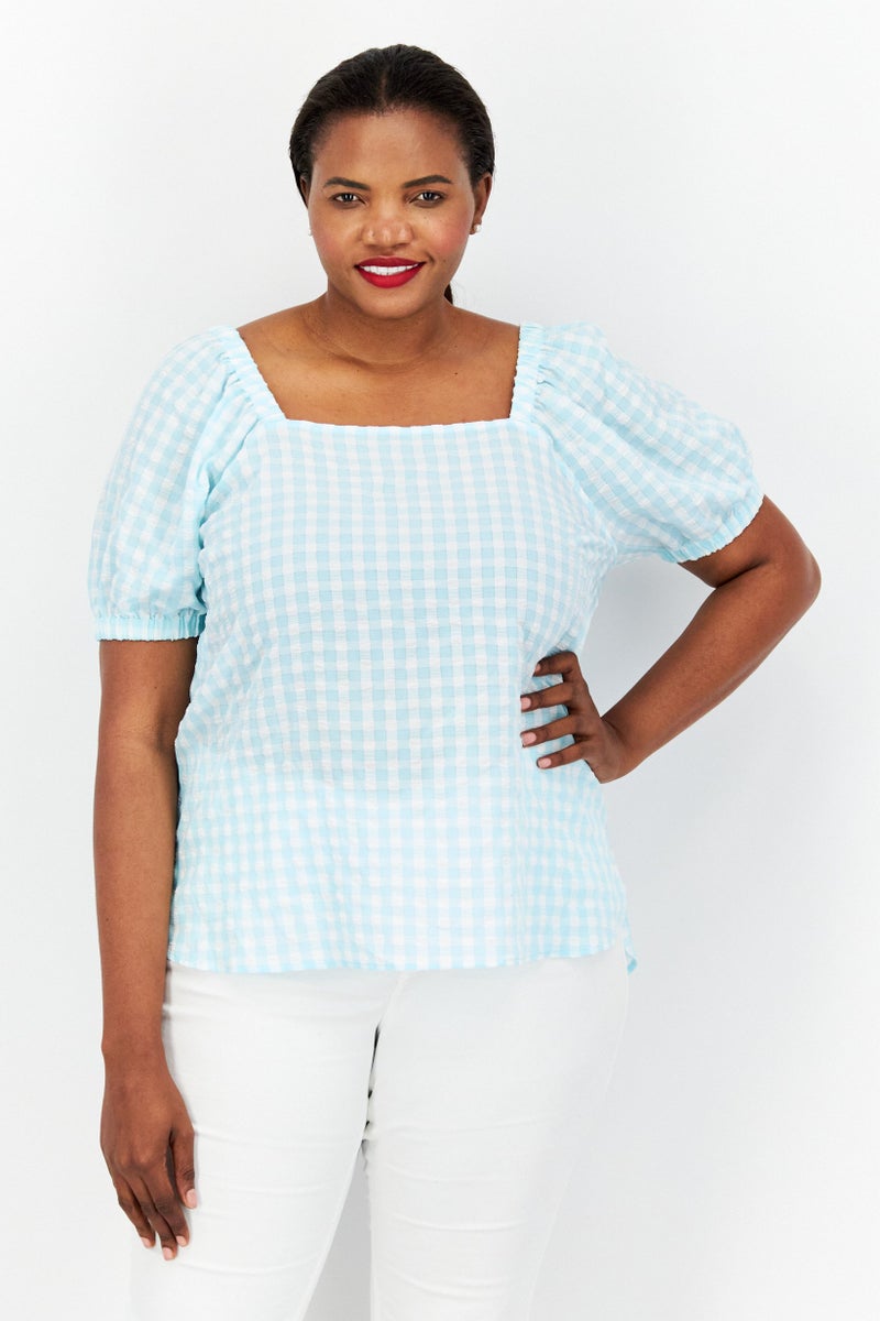 ANNE KLEIN Women Plus Size Square Neck Short Sleeve Checkered Top, Turquoise - Image 1