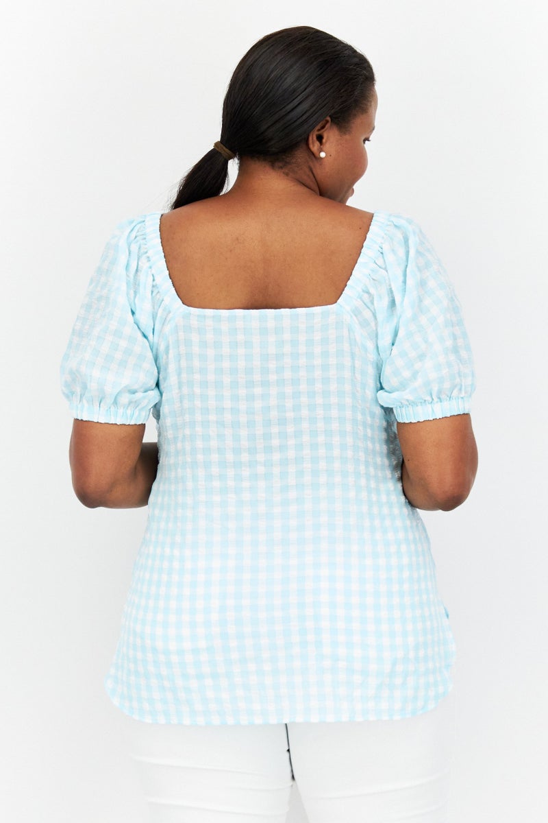 ANNE KLEIN Women Plus Size Square Neck Short Sleeve Checkered Top, Turquoise - Image 3