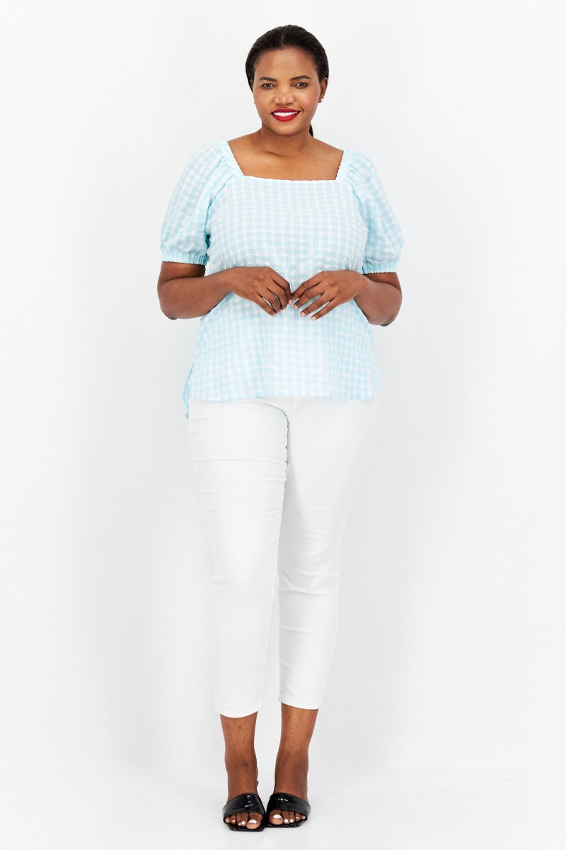 ANNE KLEIN Women Plus Size Square Neck Short Sleeve Checkered Top, Turquoise - Image 4
