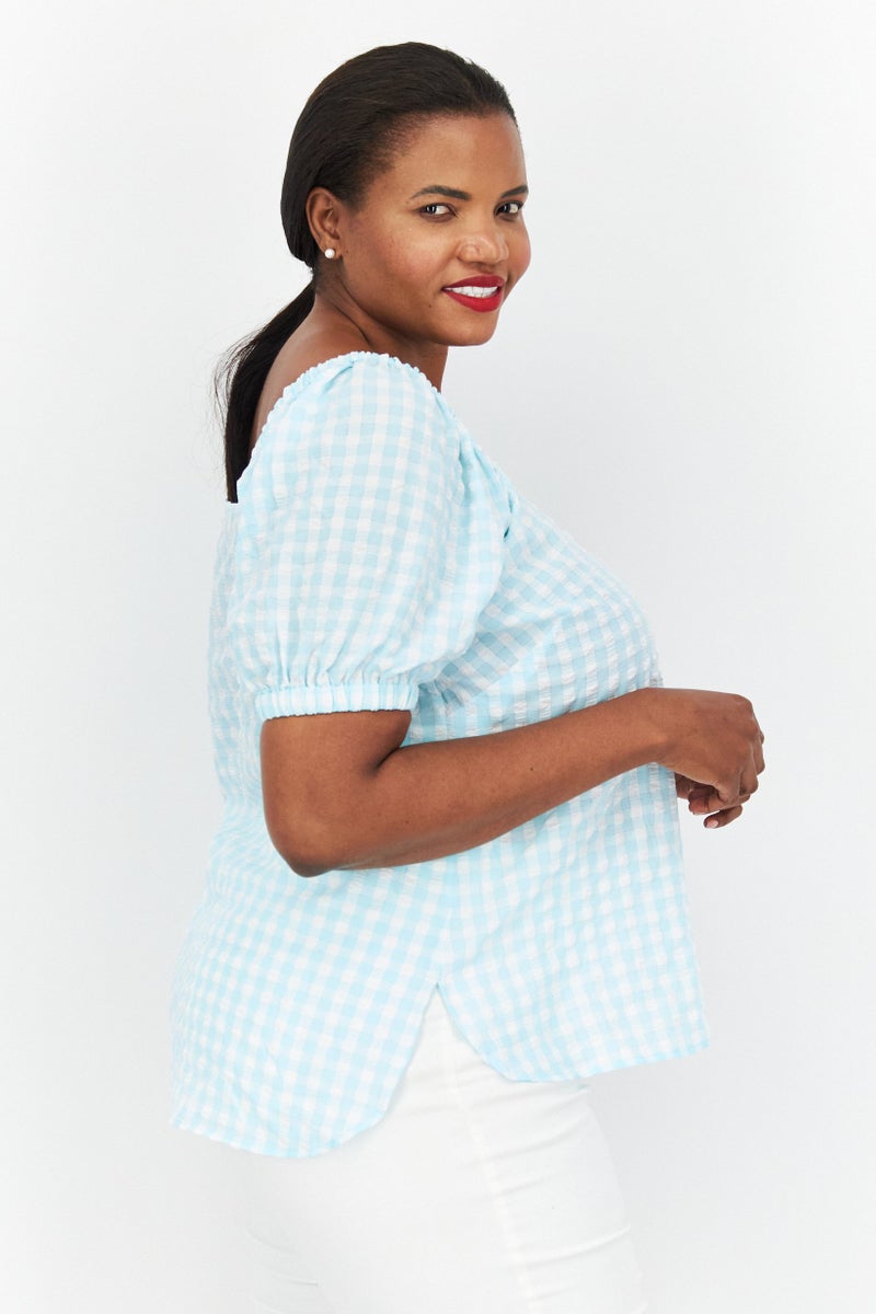 ANNE KLEIN Women Plus Size Square Neck Short Sleeve Checkered Top, Turquoise - Image 2