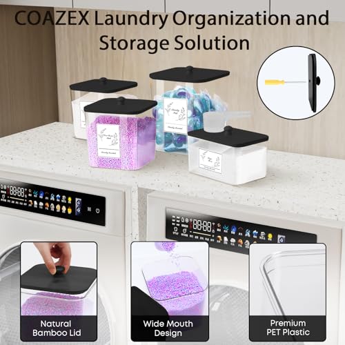 COAZEX 4 Pack Clear Laundry Pods Container & Dryer Sheet Holder, Plastic Square Laundry Room Organization and Storage Jars with Lids, Scoops & Labels for Detergent, Powder, Dryer Balls (Black Lid) - Image 3