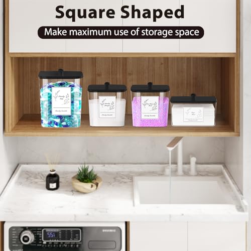 COAZEX 4 Pack Clear Laundry Pods Container & Dryer Sheet Holder, Plastic Square Laundry Room Organization and Storage Jars with Lids, Scoops & Labels for Detergent, Powder, Dryer Balls (Black Lid) - Image 4