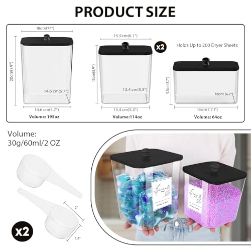COAZEX 4 Pack Clear Laundry Pods Container & Dryer Sheet Holder, Plastic Square Laundry Room Organization and Storage Jars with Lids, Scoops & Labels for Detergent, Powder, Dryer Balls (Black Lid) - Image 2