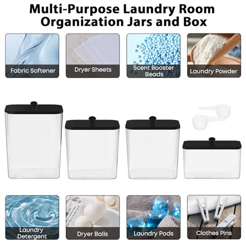 COAZEX 4 Pack Clear Laundry Pods Container & Dryer Sheet Holder, Plastic Square Laundry Room Organization and Storage Jars with Lids, Scoops & Labels for Detergent, Powder, Dryer Balls (Black Lid) - Image 5