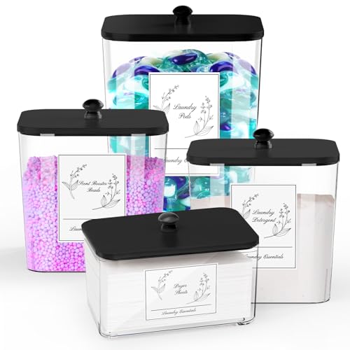 COAZEX 4 Pack Clear Laundry Pods Container & Dryer Sheet Holder, Plastic Square Laundry Room Organization and Storage Jars with Lids, Scoops & Labels for Detergent, Powder, Dryer Balls (Black Lid) - Image 1