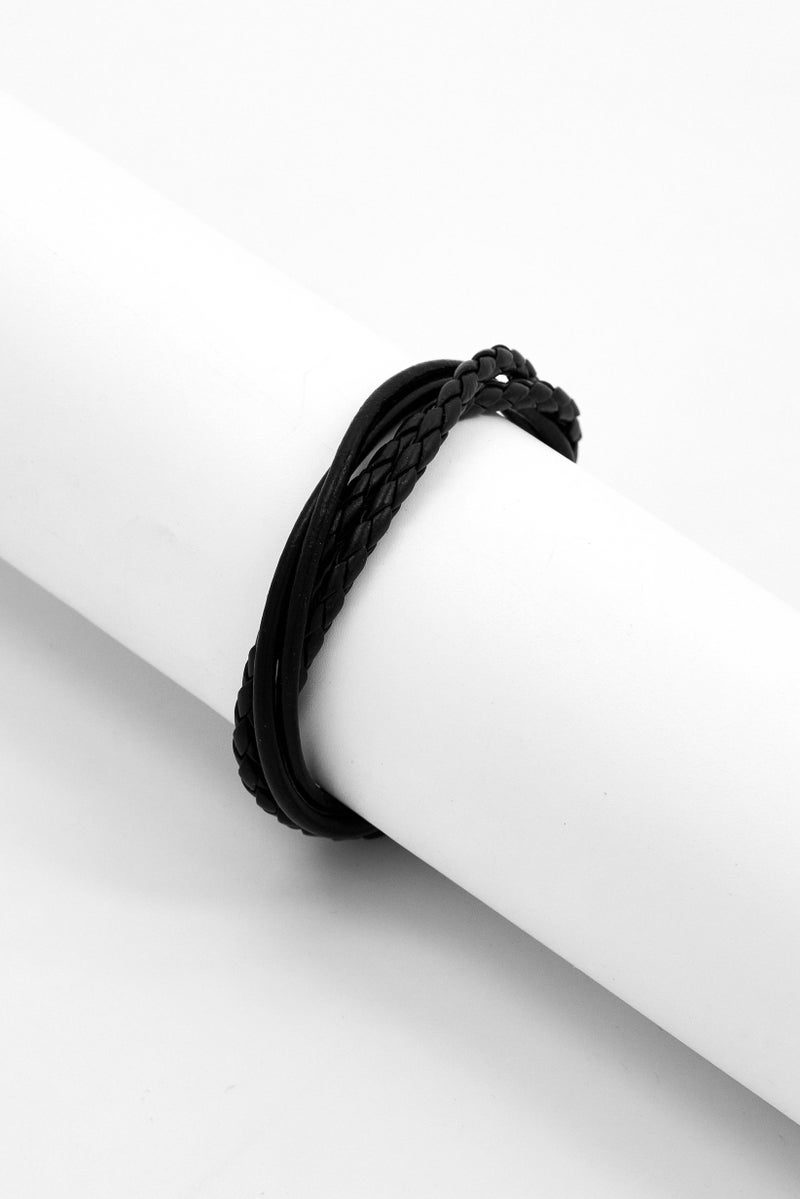 Steeltime Men Genuine Leather Wrap Bracelet, Black - Image 2