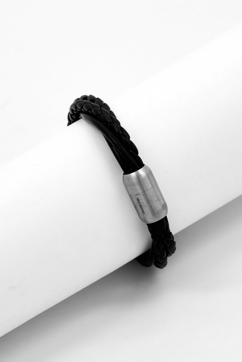 Steeltime Men Genuine Leather Wrap Bracelet, Black - Image 1