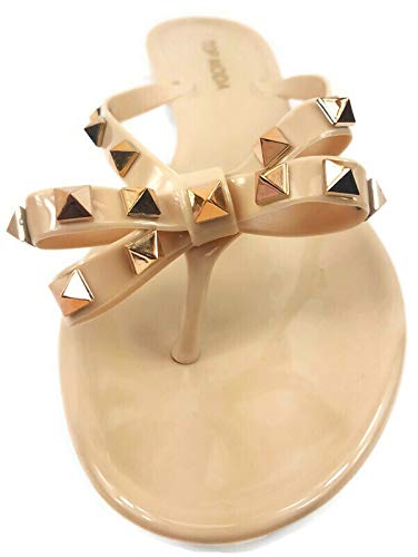 TOP Moda Womens Studded Jelly Flip Flops Sandals with Bow, Nude, 9 - Image 3