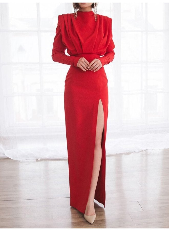 2021 Spring/Summer Cross-Border Fashion Dress European And American High-Neck Pullover Slit Long Dress Factory Direct Supply  - Image 2