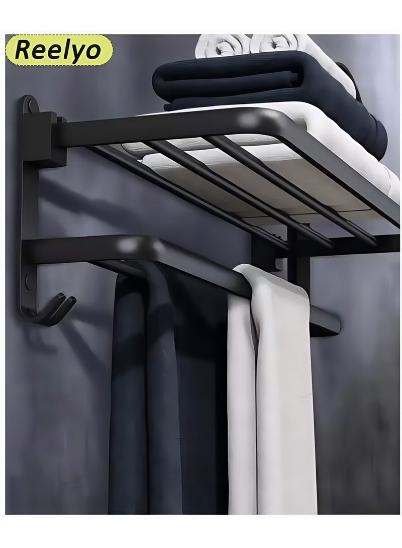 Reelyo 50 CM Bathroom Towel Rack Organlzer Non Perforated Storage Rack Wall Mounted Foldable Towel Shelf with Towel Bar Storage Rack Brushed Holder for Folding Large Towels Hotel Towel Rack Wall Mounted with Hooks (Black)  - Image 1