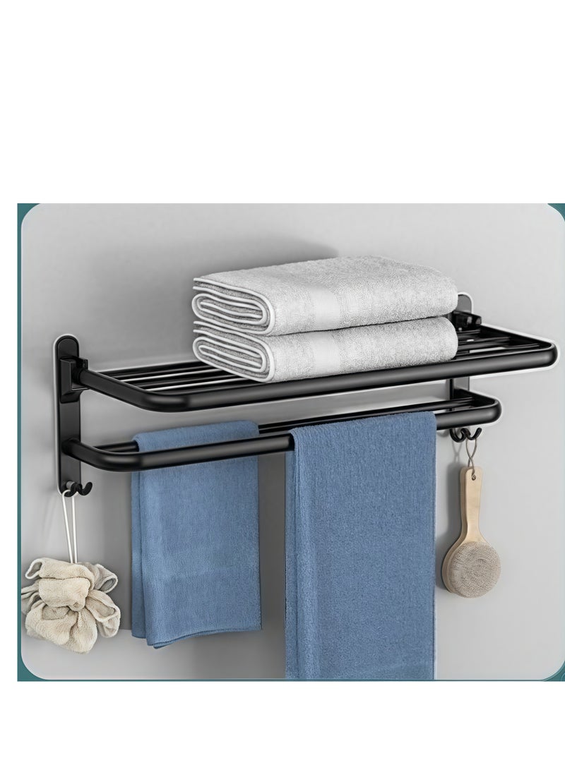 Reelyo 50 CM Bathroom Towel Rack Organlzer Non Perforated Storage Rack Wall Mounted Foldable Towel Shelf with Towel Bar Storage Rack Brushed Holder for Folding Large Towels Hotel Towel Rack Wall Mounted with Hooks (Black)  - Image 2