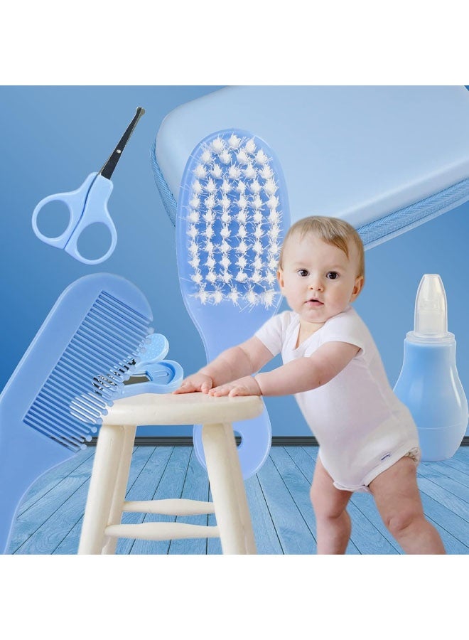 Baby Grooming Kit, 8 in 1 Baby Hair Brush/Nail Clipper/Nose Cleaner/Finger Toothbrush/Nail Scissors/Manicure Kit for Baby Care Keep Healthy and Clean(Blue) - Image 2