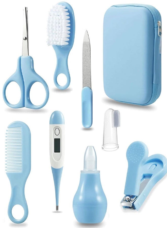 Baby Grooming Kit, 8 in 1 Baby Hair Brush/Nail Clipper/Nose Cleaner/Finger Toothbrush/Nail Scissors/Manicure Kit for Baby Care Keep Healthy and Clean(Blue) - Image 1