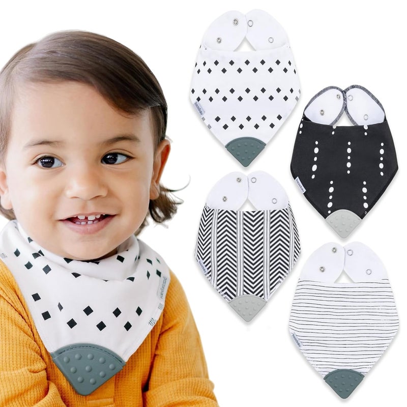 Bazzle Baby Bazzle Baby Bandana Teething Bibs 4Pack Cotton Drool Bibs for Boys Girls Silicone Teether for Teething Relief Adjustable Absorbent Baby Bibs for Drooling Gray White