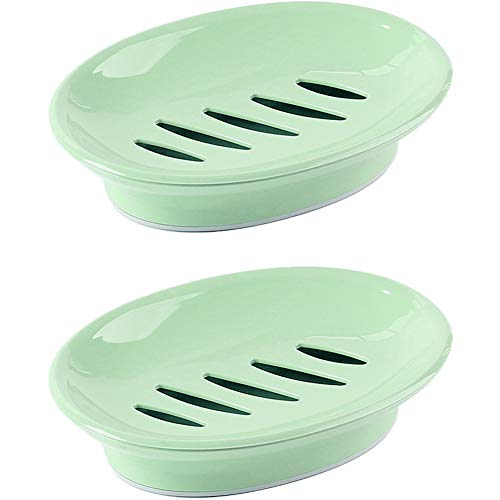 WYOK 2Pack Soap Dish with Drain Plastic Sponge Holder Easy Cleaning Soap Saver Tray Caddy Keep Dry Stop Mushy for Shower Bathroom KitchenGreen