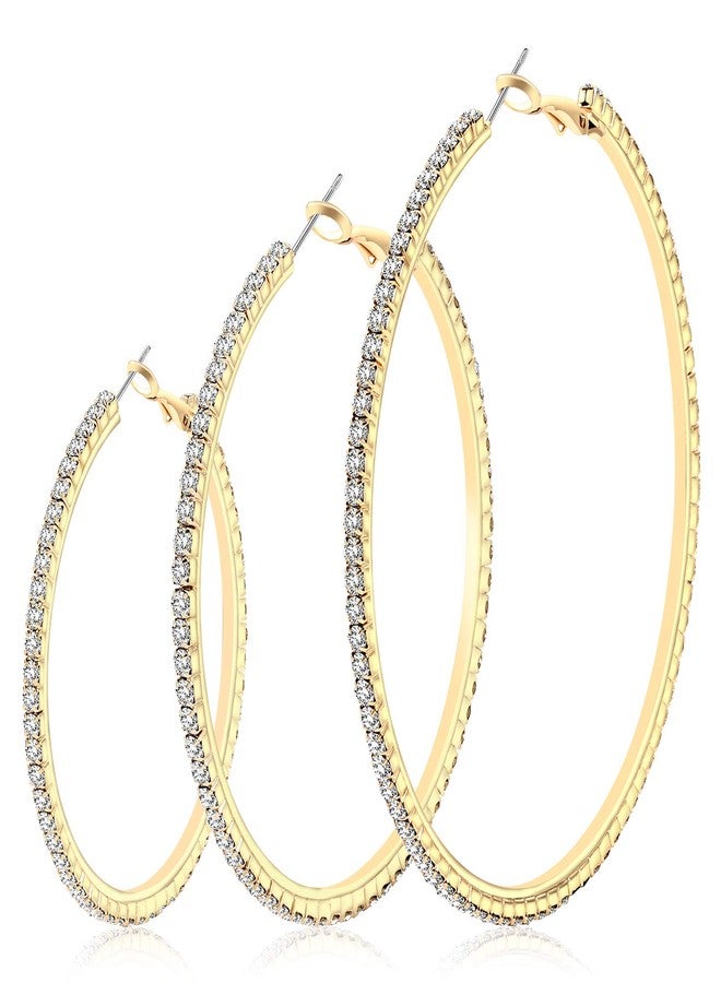 NLCAC 14K Gold Plated Big Hoop Earrings-3 Pairs Gold Hoops Crystal Rhinestone Hoop Earrings Set 50mm 60mm 70mm (Gold) - Image 1
