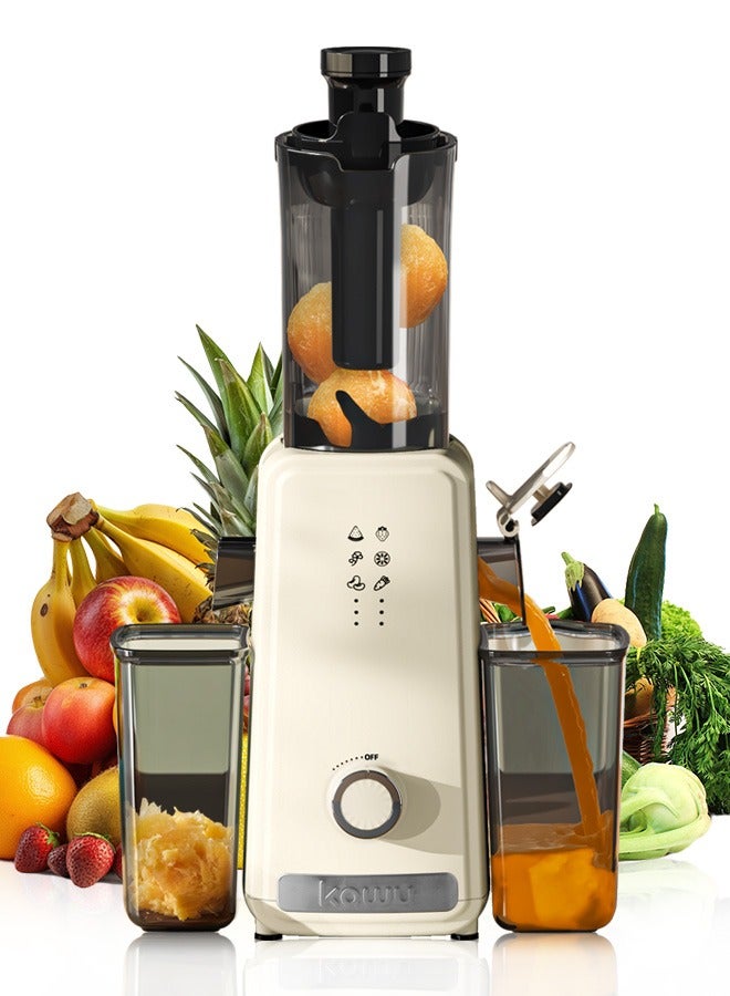  كاو عصارة KAWU الباردة، مضغ بطيء مع فتحة تغذية كبيرة جدًا مقاس 3.5 بوصة للفواكه والخضروات الكاملة، سهلة التنظيف، سهلة العصر، إنتاج عصير عالي، وظيفة عكسية، لون أبيض - Image 1