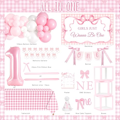 Kriyokiaa Girls Just Wanna Be One birthday Decorations for Girl Coquette First Birthday Decorations with Balloons Arch Highchair Banner Bow Theme Backdrop Photo Banner Cake Topper - Image 5