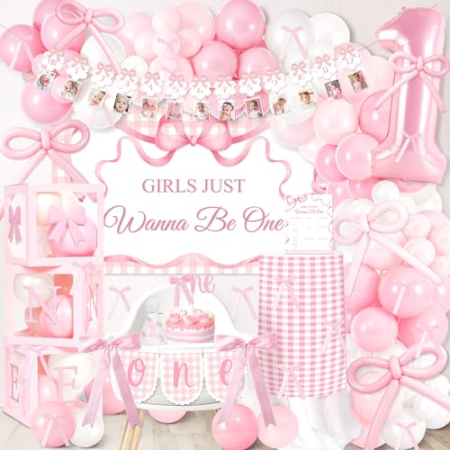 Kriyokiaa Girls Just Wanna Be One birthday Decorations for Girl Coquette First Birthday Decorations with Balloons Arch Highchair Banner Bow Theme Backdrop Photo Banner Cake Topper - Image 1