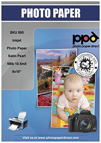 PPD Satin Photo Paper for Inkjet Printer, Premium Semi-Gloss Luster Finish 8 x 10 Size Sheets for Printable Photos, Thick 255 gsm 68 lbs 10.5 mil, White, Water Resistant & Instant Dry Prints (50 Pack)