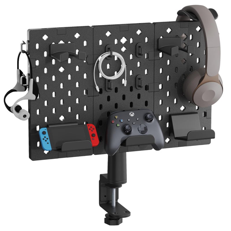 حامل سماعات الرأس ووحدة التحكم PEGZONE القابل للتعديل لسطح المكتب مع حامل وحدة تحكم دوار مع خطافات كابل ملحقات الألعاب لجهاز Xbox PS5 PS4 Nintendo Switch 3 قطع لوح تثبيت أسود