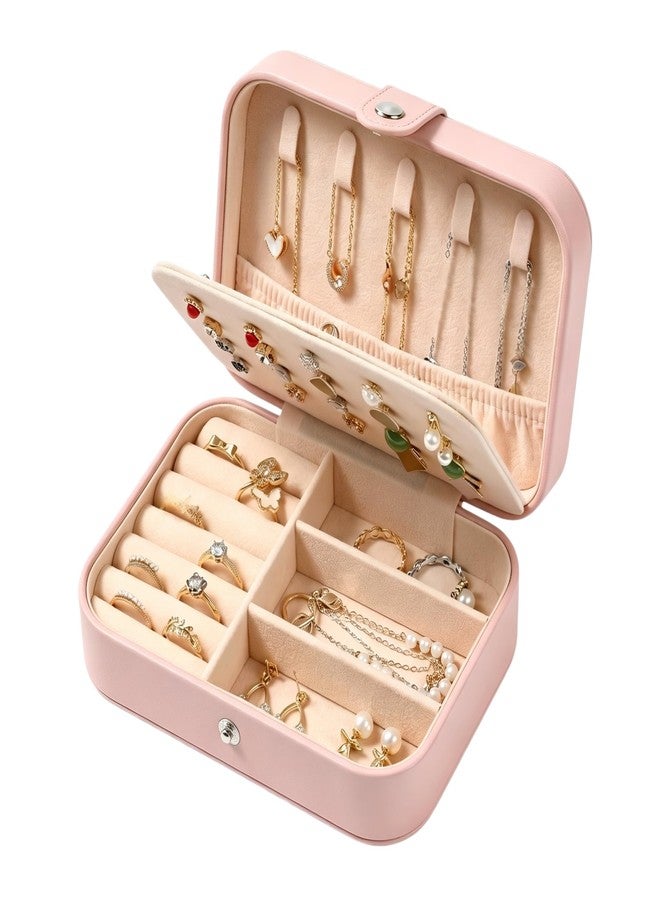 YOJO Travel Jewelry Organizer Case, Portable PU Leather Jewelry Box for Rings, Earrings, Necklaces, Bracelets, Double Layer Jewelry Storage Holder for Women Girls, Travel Accessories for Women (Pink) - Image 1