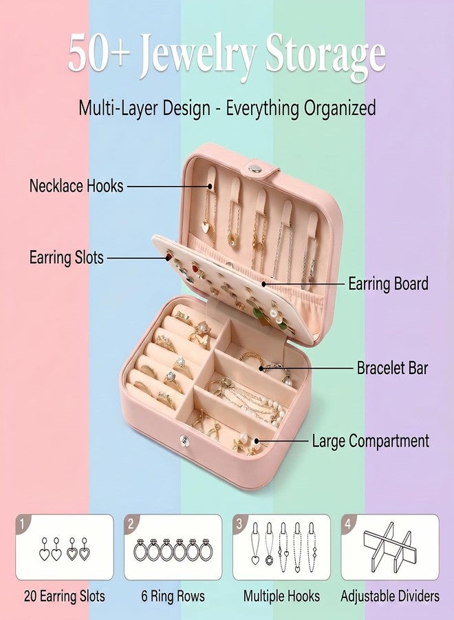 YOJO Travel Jewelry Organizer Case, Portable PU Leather Jewelry Box for Rings, Earrings, Necklaces, Bracelets, Double Layer Jewelry Storage Holder for Women Girls, Travel Accessories for Women (Pink) - Image 5